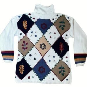 Vtg 90s Spice of Life Embroidered Patchwork Turtleneck Sweater Women M Floral